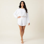 Line Ladies Crop Full Sleeves T-Shirt with Shorts - White