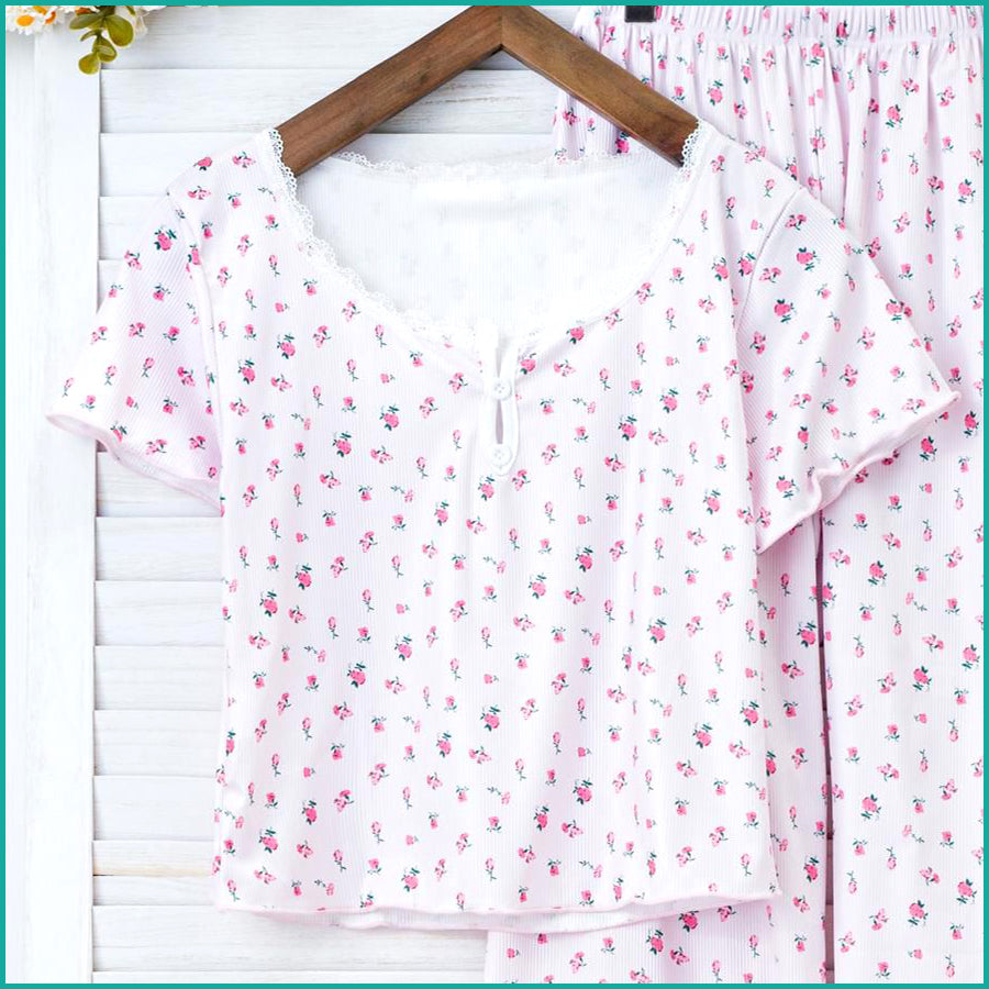 Mini Floral Ladies Loungewear Pajama Set - Pink