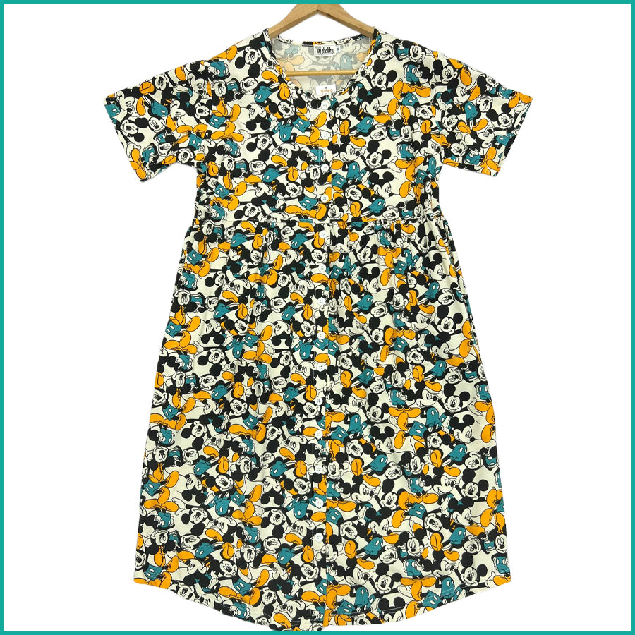 Mickey Ladies Front Open Cotton Dress - Multicolor