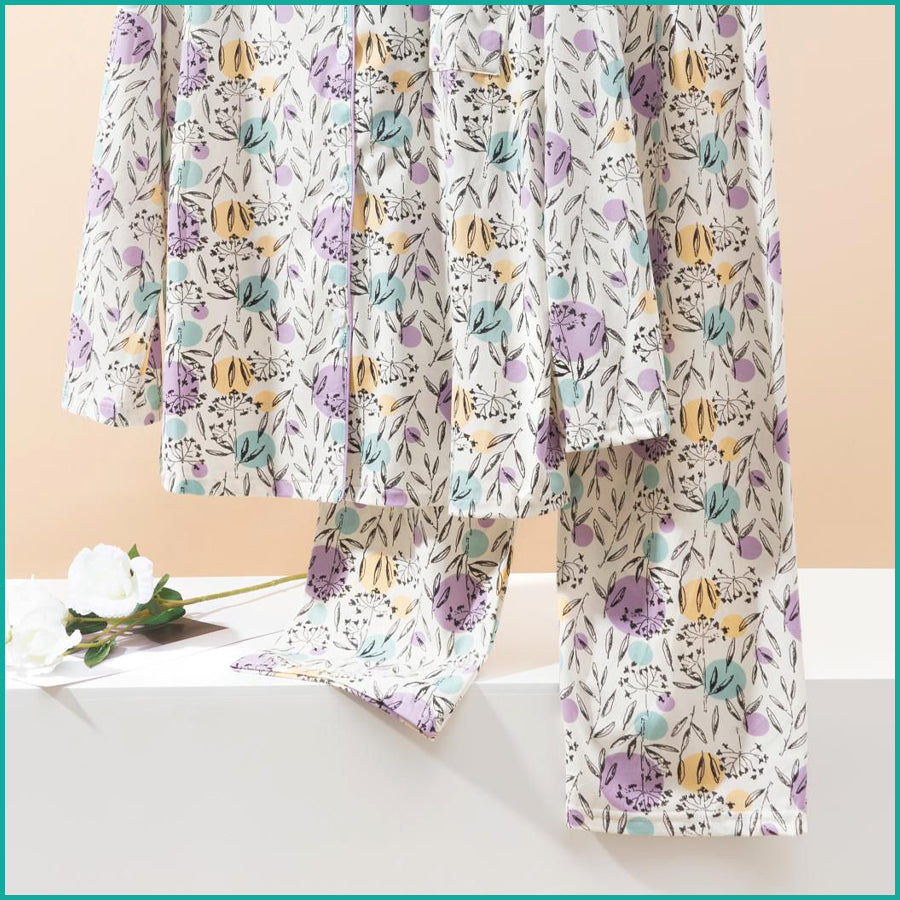 Leaves Full Sleeves Pajama Set Fine Material - White and purple