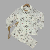 Rose Flower Ladies Front Open Pajama Set - White