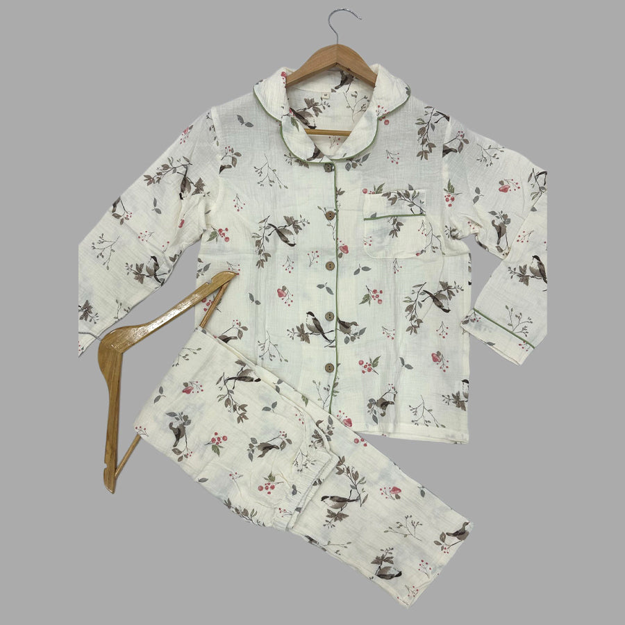 Rose Flower Ladies Front Open Pajama Set - White