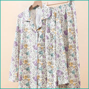 Leaves Full Sleeves Pajama Set Fine Material - White and purple