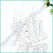 Tiny Floral Ladies Crop Sleeveless T-Shirt with Shorts - White