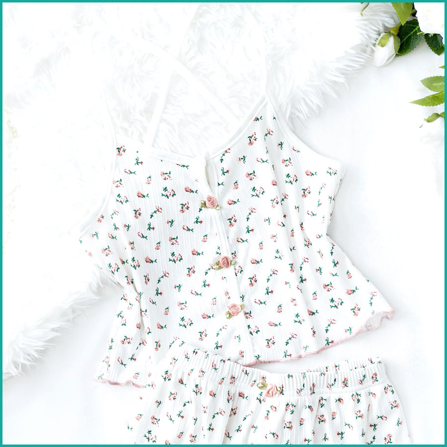 Tiny Floral Ladies Crop Sleeveless T-Shirt with Shorts - White