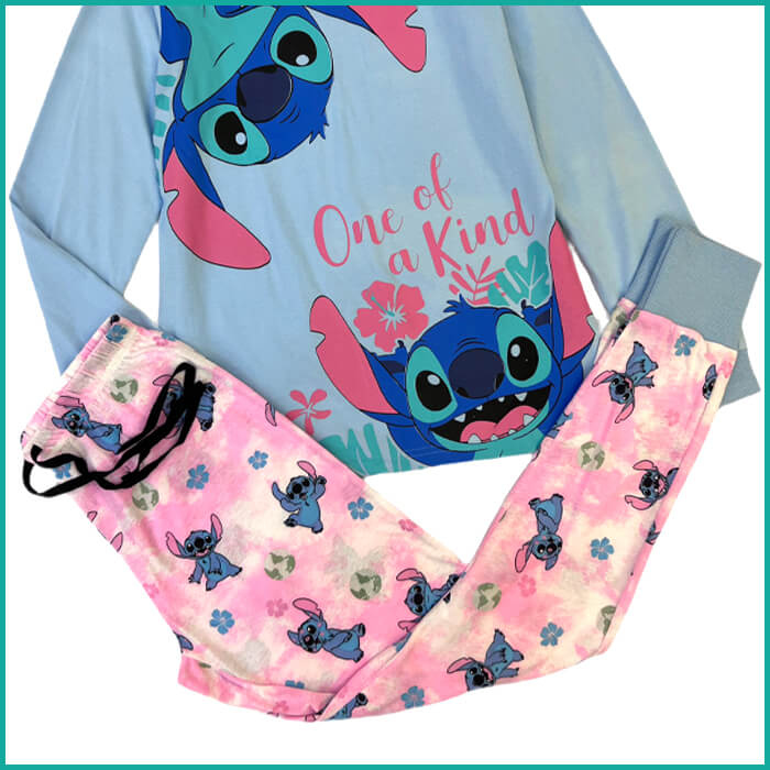Disney Stitch Ladies Cotton Pajama Set - Pink Blue