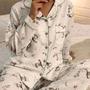 Rose Flower Ladies Front Open Pajama Set - White