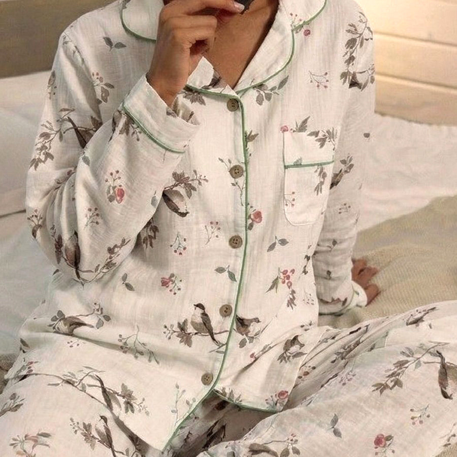 Rose Flower Ladies Front Open Pajama Set - White