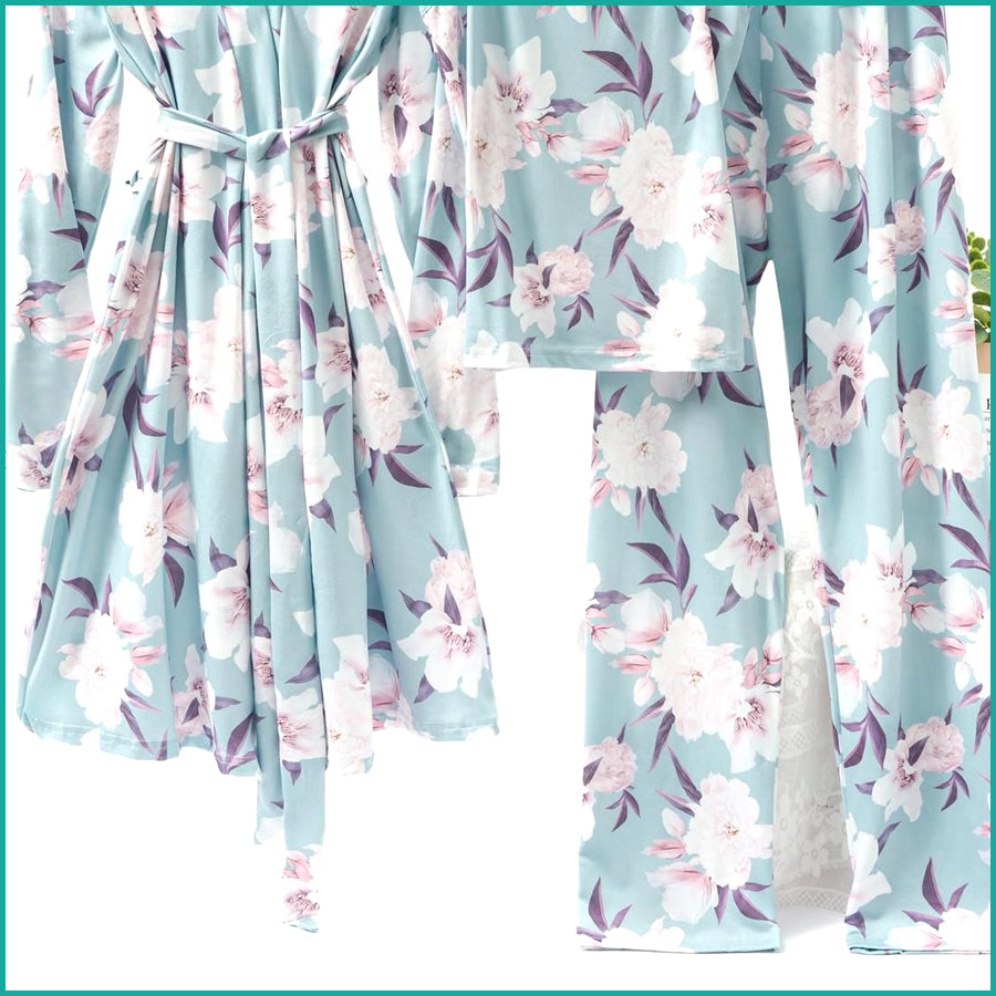 Floral Ladies Loungewear 3 Pcs Set - Sea Blue
