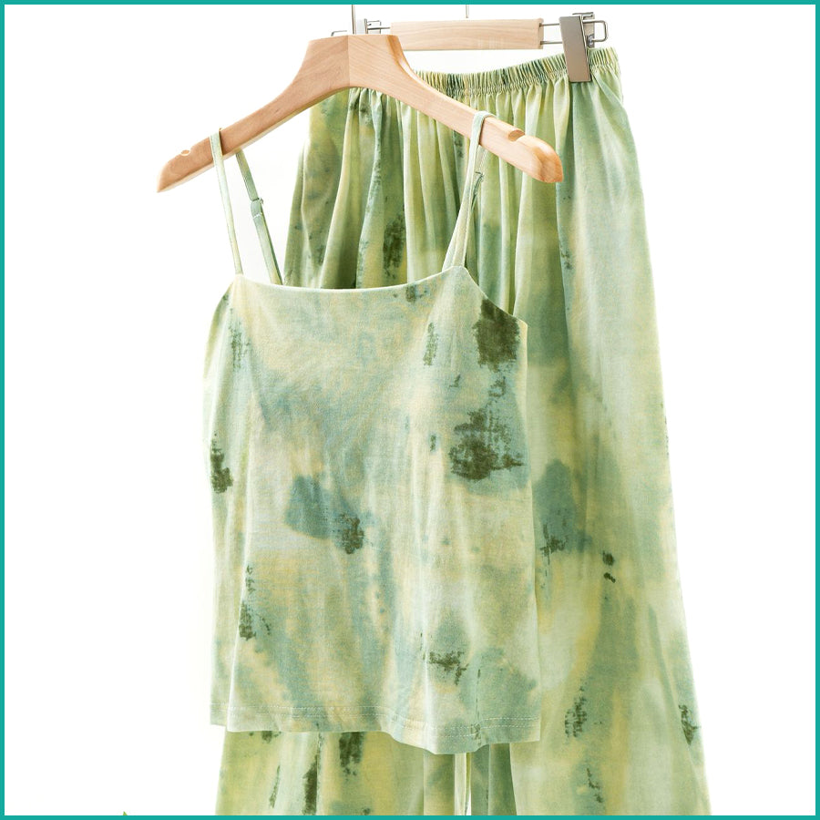 Tie-Dye lounge Set built-in Padded Camisole and Flowy Wide-Leg Pant - Green