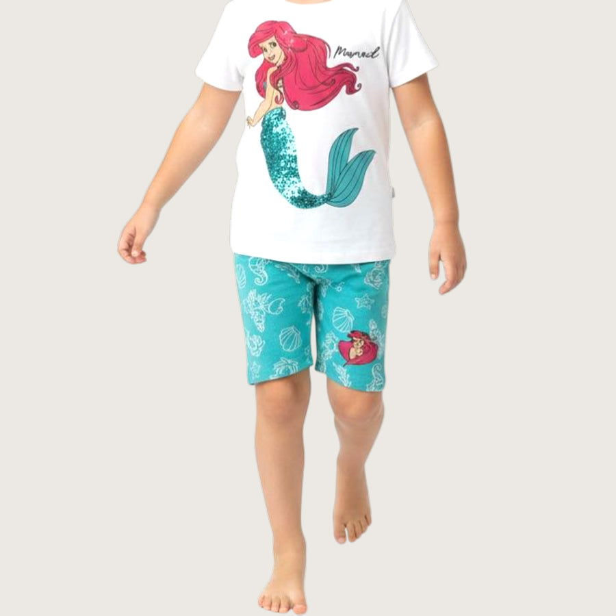 Mermaid Girls Summer Shorts Set – White Blue
