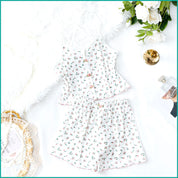 Tiny Floral Ladies Crop Sleeveless T-Shirt with Shorts - White