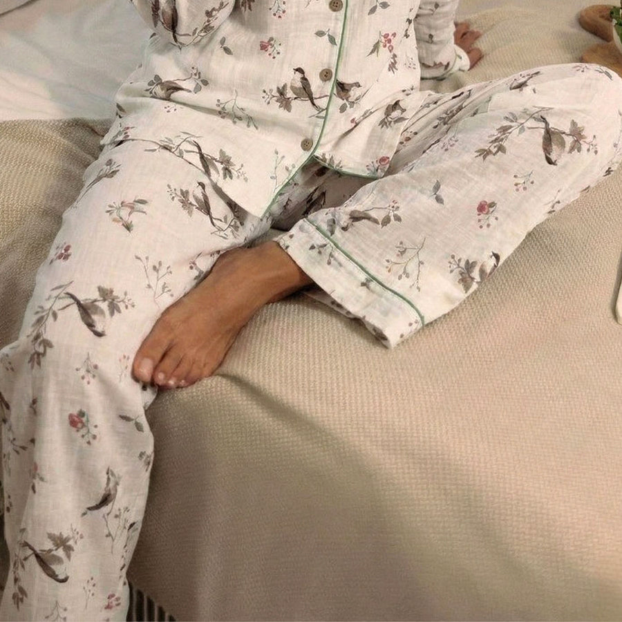 Rose Flower Ladies Front Open Pajama Set - White