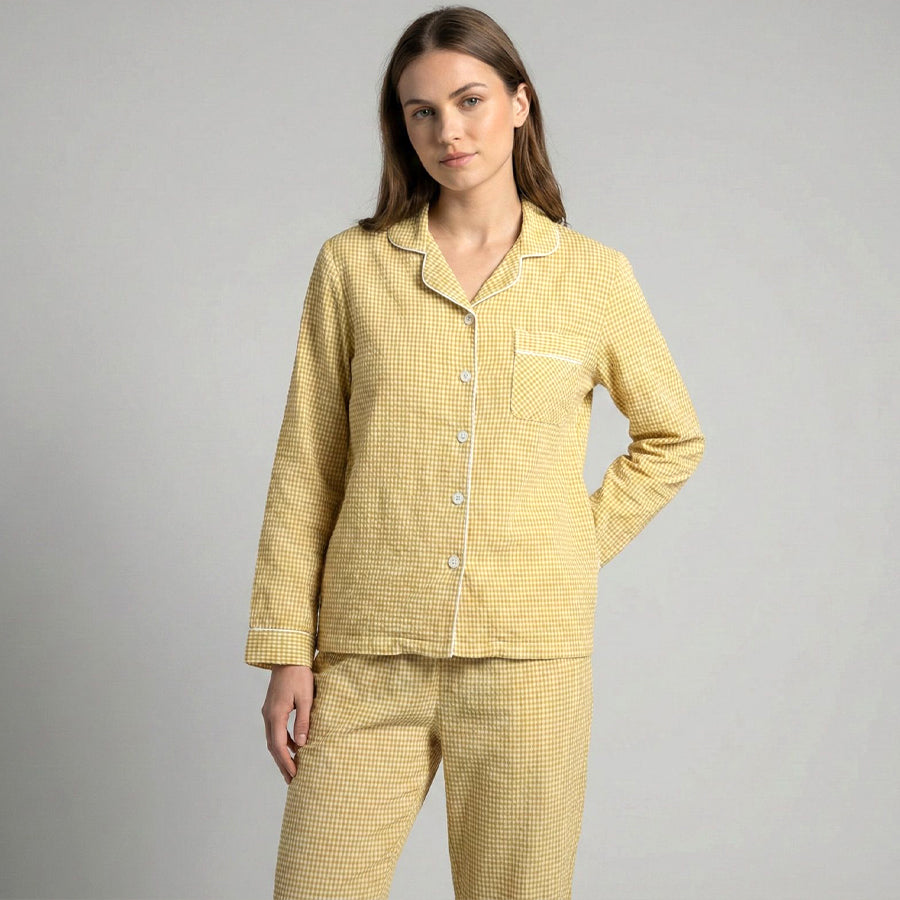 Mini Checks Ladies Front Open Pajama Set - Yellow