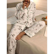 Rose Flower Ladies Front Open Pajama Set - White
