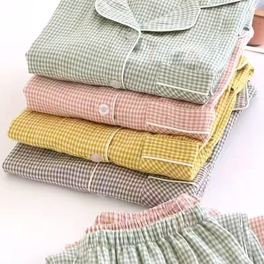 Mini Checks Ladies Front Open Pajama Set - Green