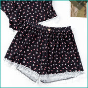 Tiny Floral Ladies Crop Sleeveless T-Shirt with Shorts - Black