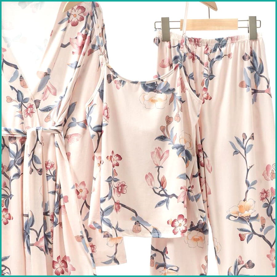 Floral Ladies Loungewear 3 Pcs Set - Cream