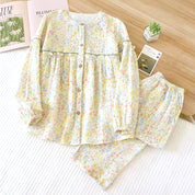 Colorful Floral Ladies Front Open Pajama Set - White