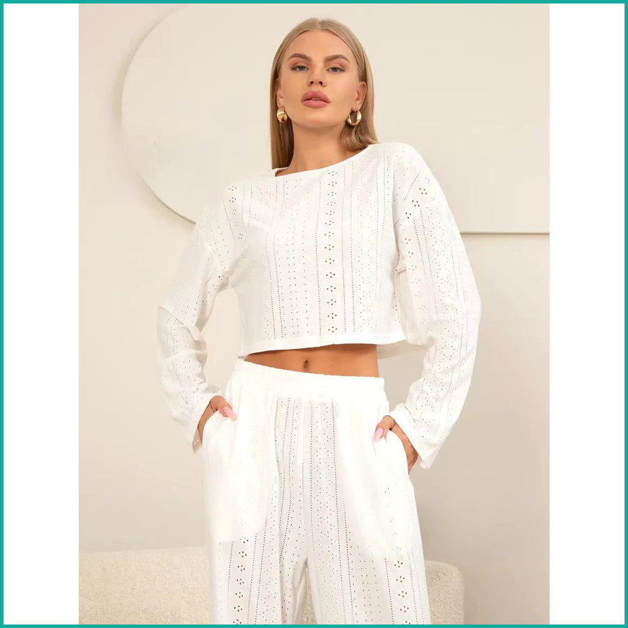 Ladies Loungewear with Crop Top with Wide-Leg Pant - White