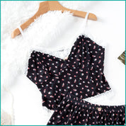 Tiny Floral Ladies Crop Sleeveless T-Shirt with Shorts - Black