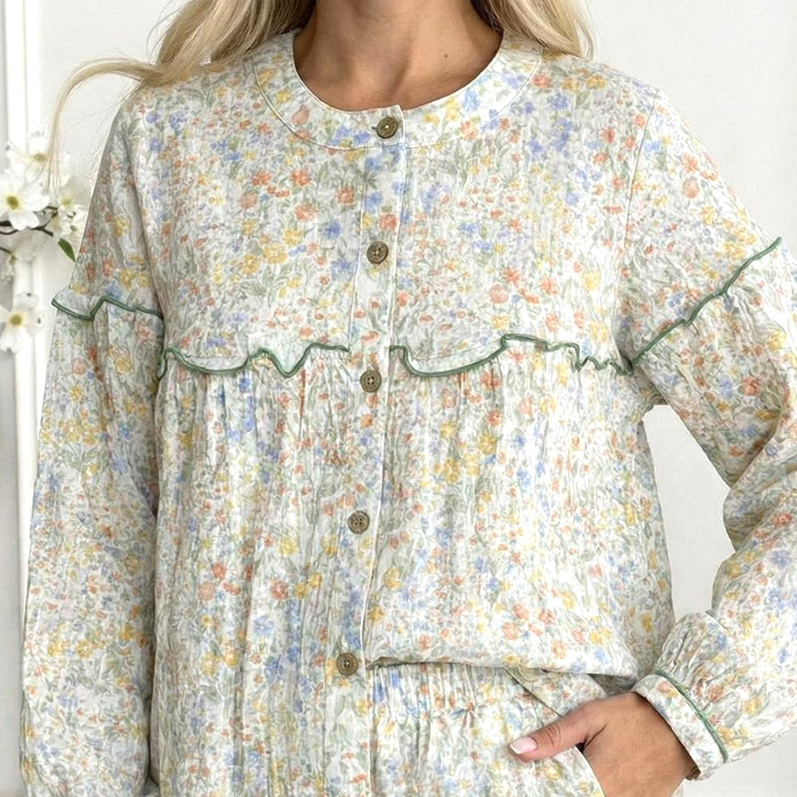 Colorful Floral Ladies Front Open Pajama Set - White