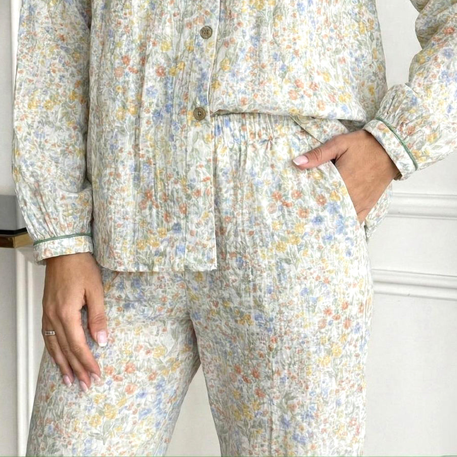 Colorful Floral Ladies Front Open Pajama Set - White