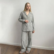 Mini Checks Ladies Front Open Pajama Set - Grey