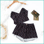 Tiny Floral Ladies Crop Sleeveless T-Shirt with Shorts - Black