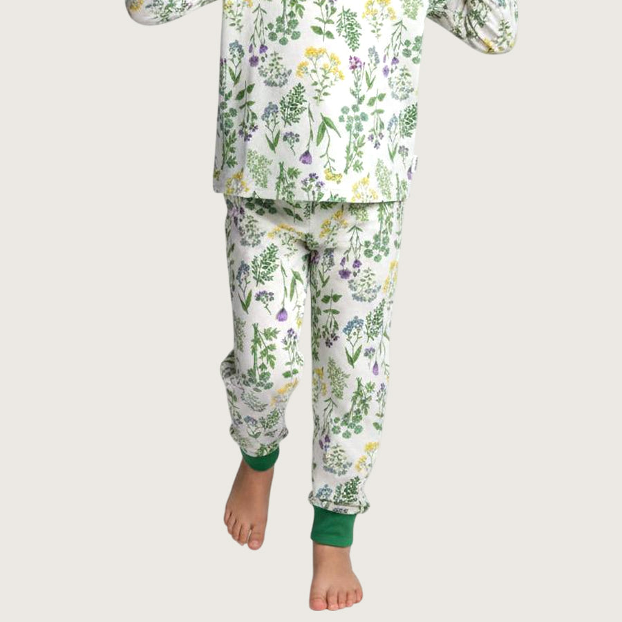 Floral Girls Full Sleeves Pajama Set - White Green
