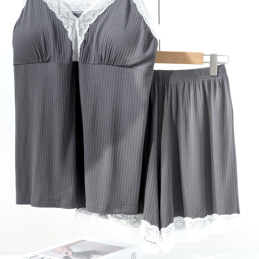 Lace Ladies Loungewear Shorts Set with Padded - Grey