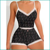 Tiny Floral Ladies Crop Sleeveless T-Shirt with Shorts - Black