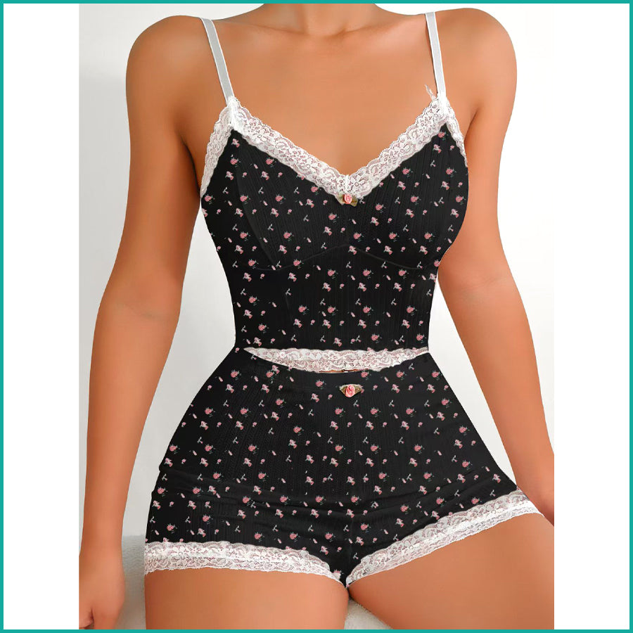 Tiny Floral Ladies Crop Sleeveless T-Shirt with Shorts - Black