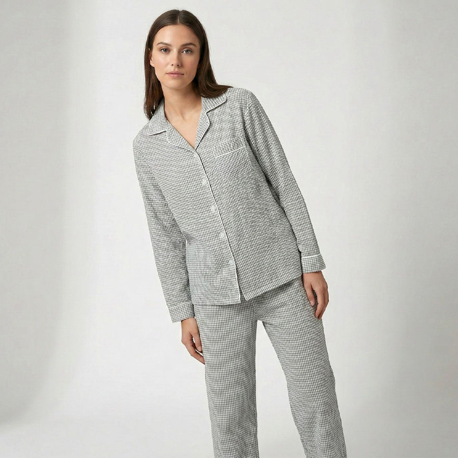 Mini Checks Ladies Front Open Pajama Set - Grey