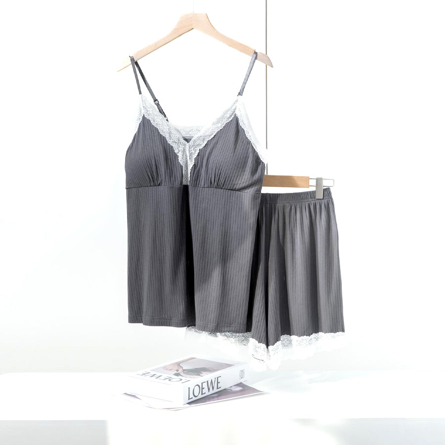 Lace Ladies Loungewear Shorts Set with Padded - Grey
