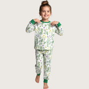 Floral Girls Full Sleeves Pajama Set - White Green