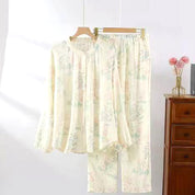 Decorative Flowers Ladies Pajama Set - White