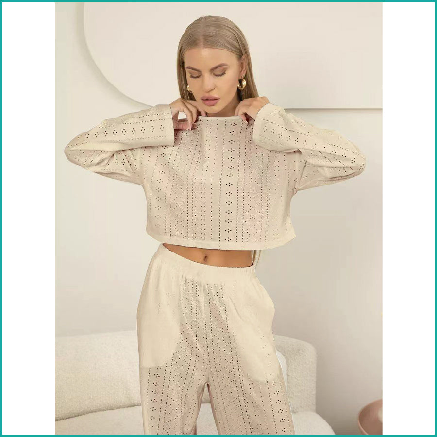 Ladies Loungewear with Crop Top with Wide-Leg Pant - Cream