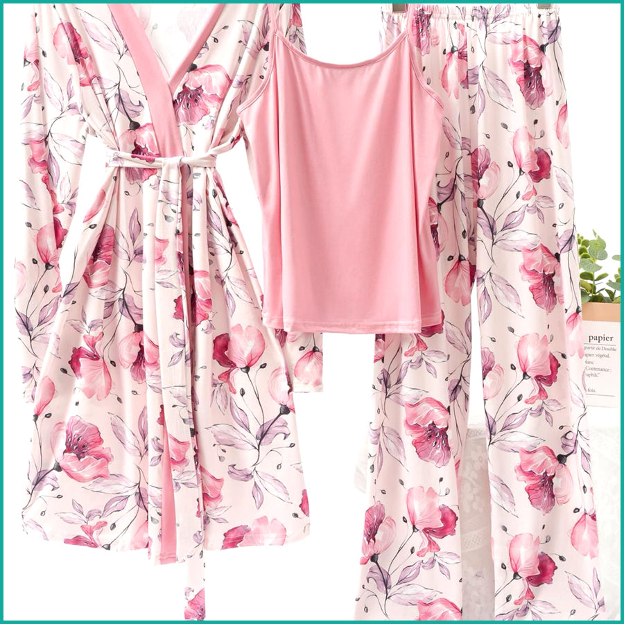 Floral Ladies Loungewear 3 Pcs Set - Baby Pink