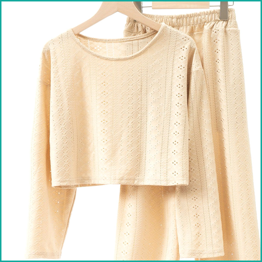 Ladies Loungewear with Crop Top with Wide-Leg Pant - Cream