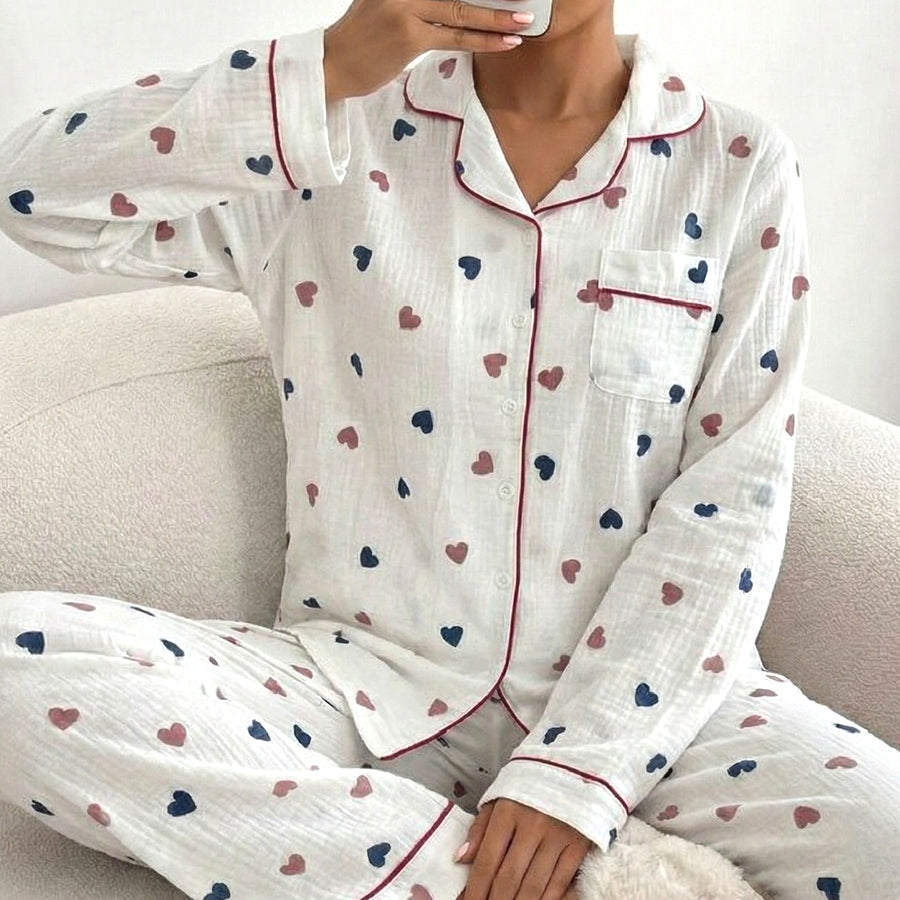 Dual Heart Ladies Front Open Pajama Set - White