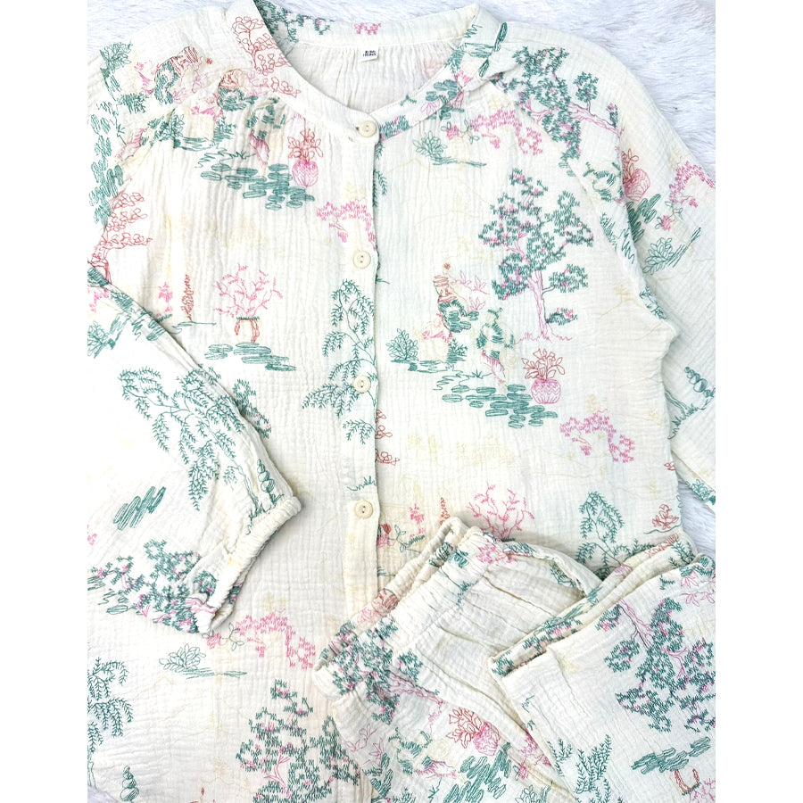 Decorative Flowers Ladies Pajama Set - White