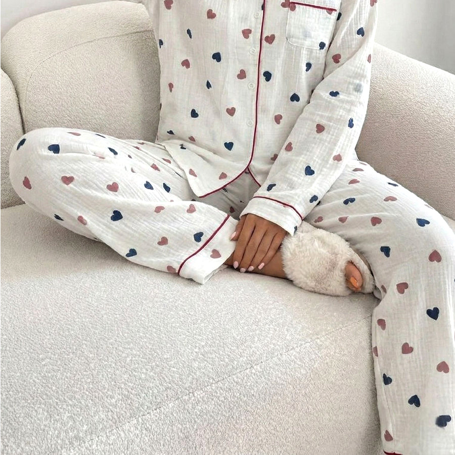 Dual Heart Ladies Front Open Pajama Set - White