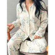 Decorative Flowers Ladies Pajama Set - White