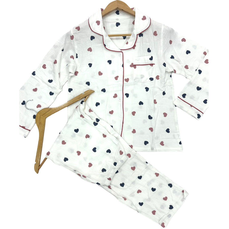 Dual Heart Ladies Front Open Pajama Set - White