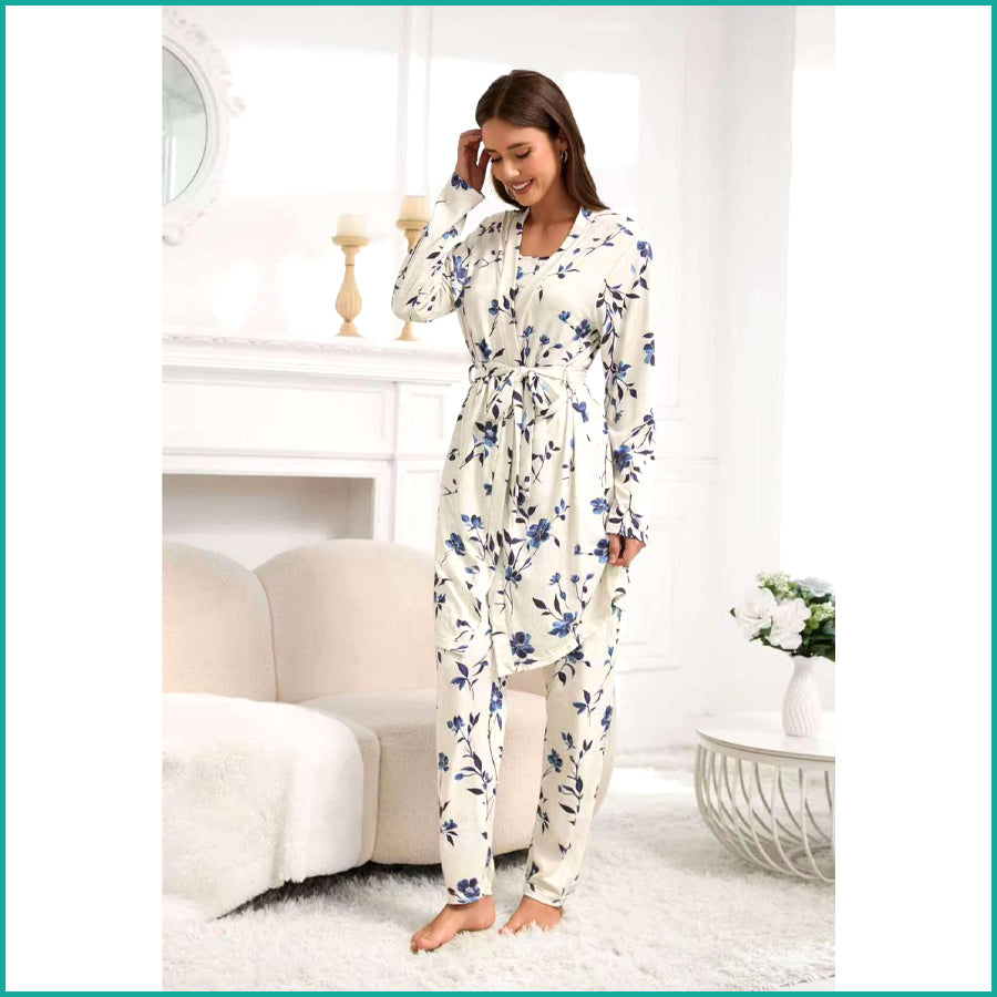 Floral Ladies Loungewear 3 Pcs Set - White