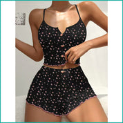 Tiny Floral Ladies Crop Sleeveless T-Shirt with Shorts - Navy