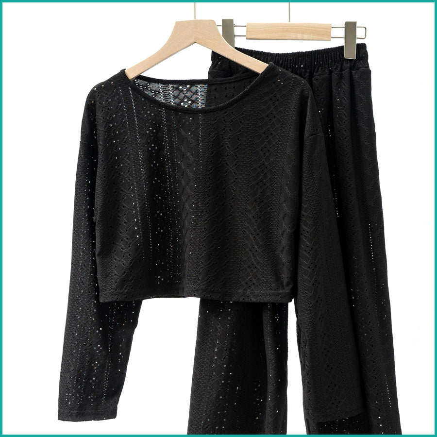 Ladies Loungewear with Crop Top with Wide-Leg Pant - Black