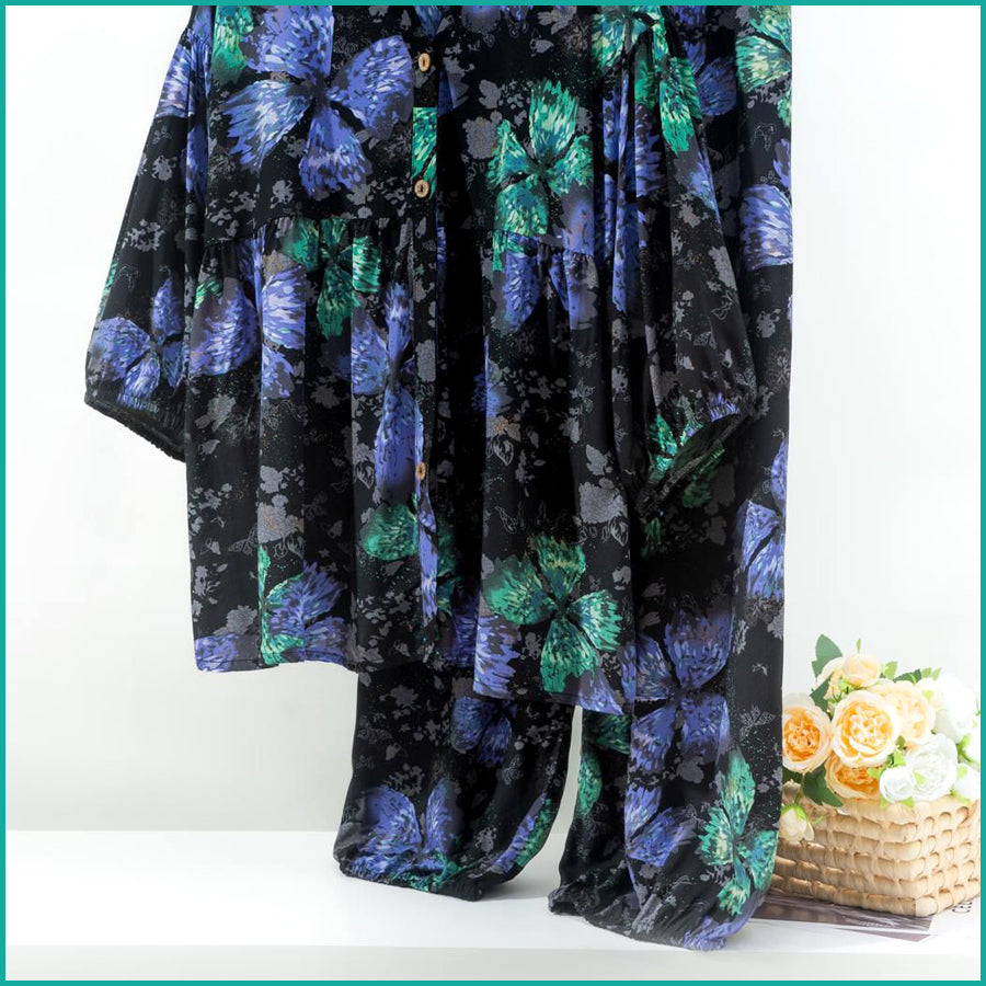 Butterfly Ladies Full Sleeves Pajama Set Viscos Fine Material - Black