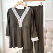 Plain Ladies Cotton Reeb Material Pajama Set - Green